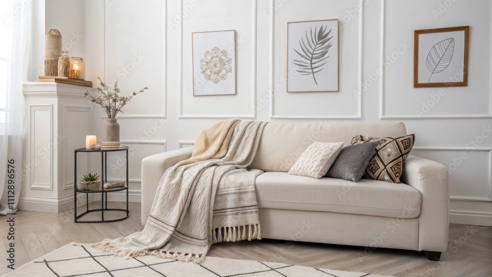 Poster an airy living area showcasing a sleek lowprofile sofa paired with layered blankets draped over the 