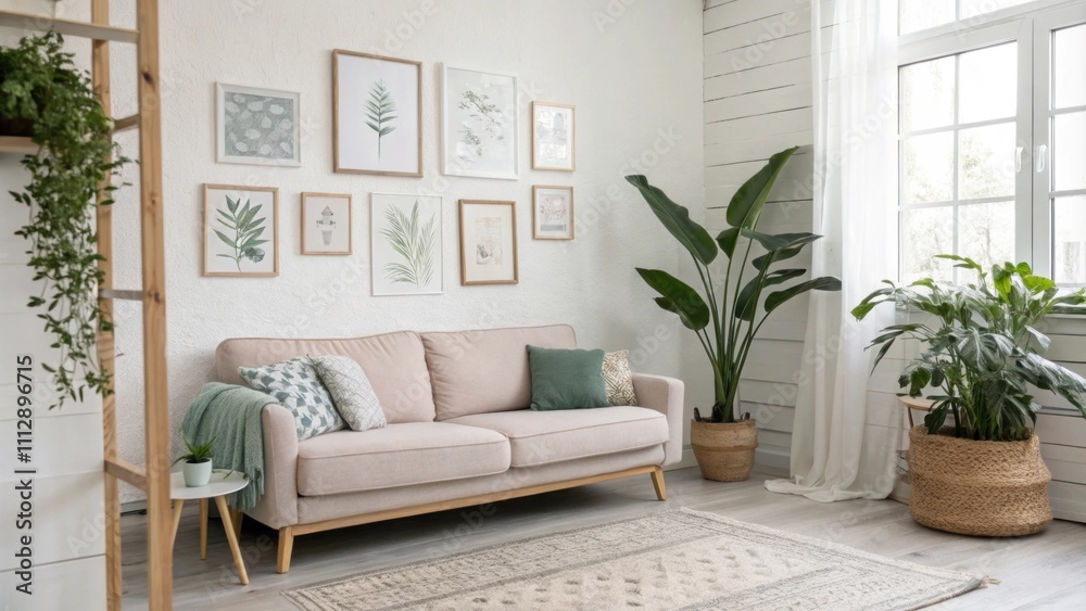 Poster a bright and refreshing living space characterized by airy layouts a lowprofile sofa in muted tones 