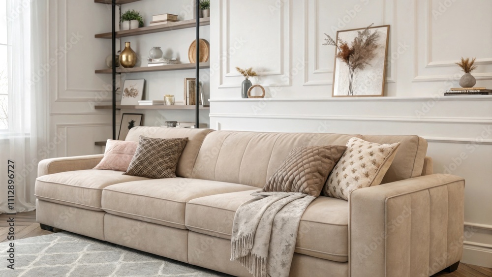 Poster the elegantly designed living room highlights a taupe sectional sofa accompanied by a variety of sof