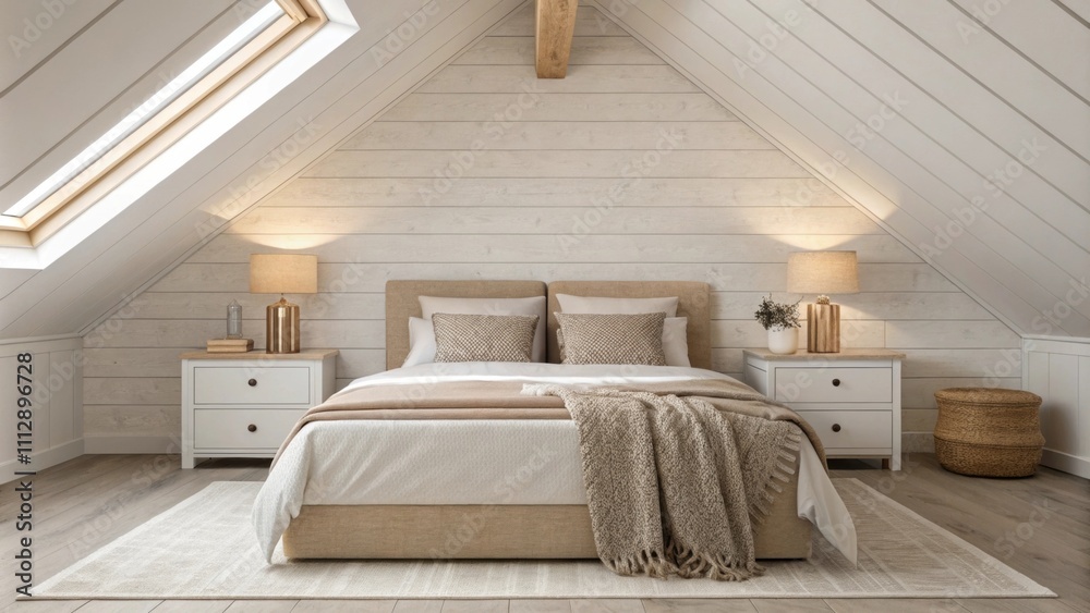 Poster An airy bedroom with a sloped ceiling emphasizing clean lines and simplicity. The bed is dressed in soft neutral tones flanked by minimalist wooden lamps while a textured