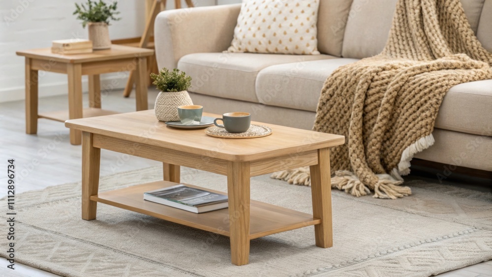 Fototapete an inviting seating area showcasing a light oak coffee table and matching side tables accented by a 