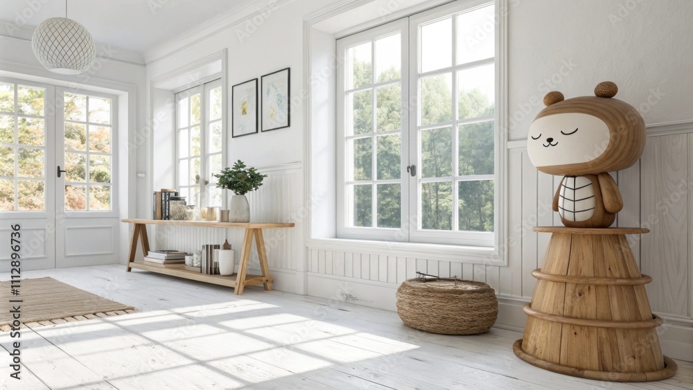 Poster A stylish interior characterized by minimalist wooden decor and bright white walls enhanced by oversized windows that create a bright and inviting atmosphere.