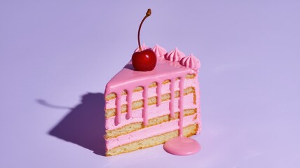 Pink cake with cherries on top against purple background, vibrant presentation