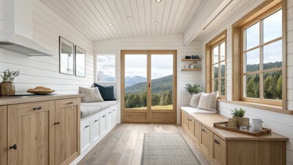 A refined space showcasing a blend of natural wood tones in furnishings against a backdrop of pristine white walls with large windows framing the surrounding landscape.