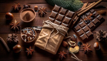 옛날 복고풍 포장지로 감싸인 초콜릿 바와 주변 소품들