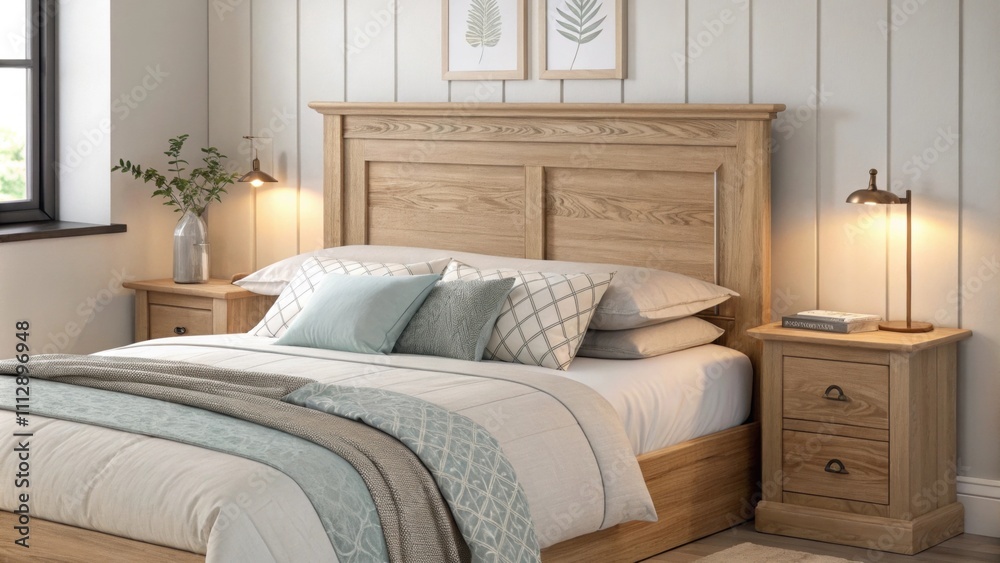 Poster An understated bedroom design featuring a natural wood headboard elegantly layered bedding in calming hues and gentle lighting creating a tranquil atmosphere.