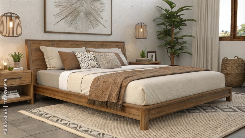 Poster a stylish bedroom retreat highlighting a wooden platform bed dressed in earthy tones with soft textu