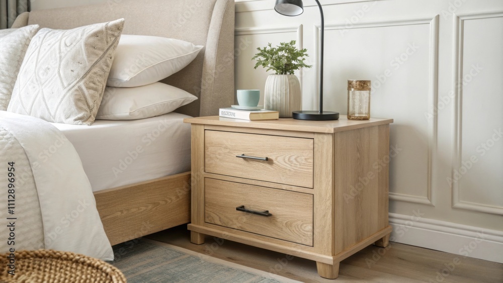 Aufkleber a calming bedroom design with light wood furniture including a sleek nightstand and an inviting bed 