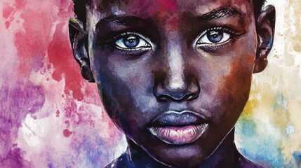 Ethereal Watercolor Portrait of Young African Boy