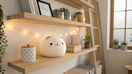 A cozy room highlights a floating wooden shelf accentuated by warm soft lighting complemented by minimalist aesthetics that evoke a sense of peace and simplicity.
