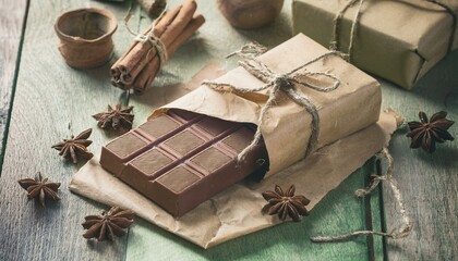 옛날 복고풍 포장지로 감싸인 초콜릿 바와 주변 소품들