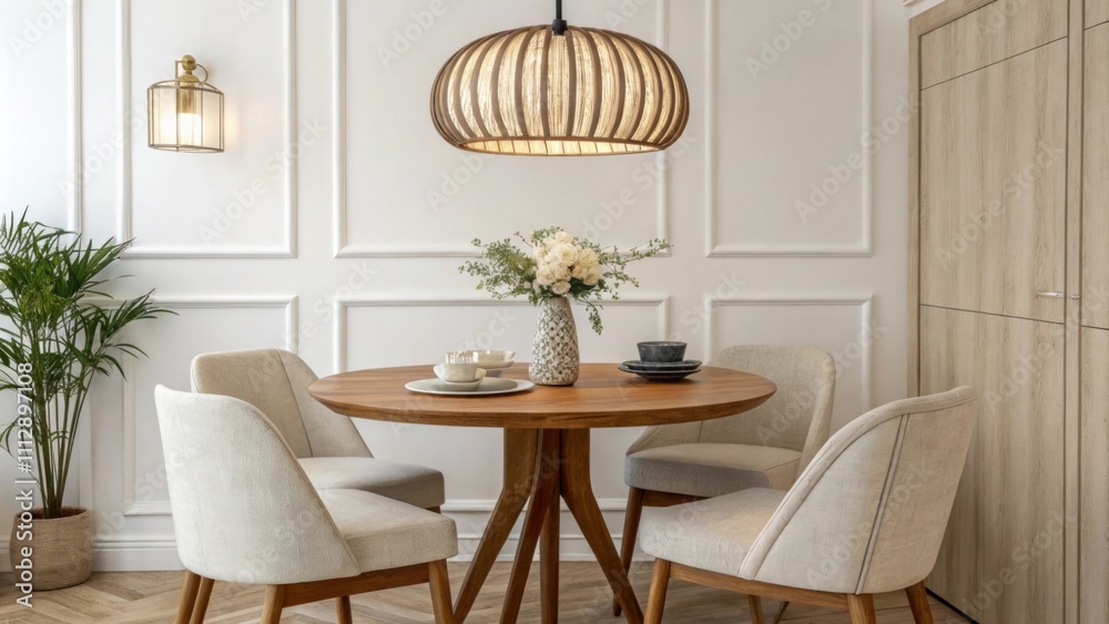Aufkleber A serene dining space defined by a round teak table complemented by cushioned upholstered chairs and a stylish retro pendant lamp that enhances the inviting atmosphere.