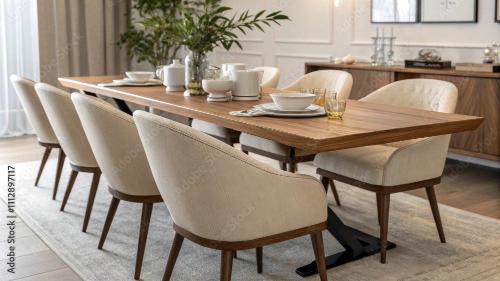 Poster a chic dining room layout highlighted by a long warm wooden table paired with streamlined curvedback