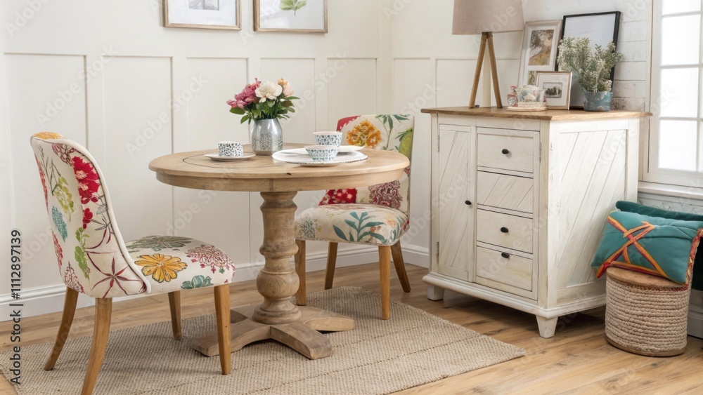 Poster A cozy room with a rustic dining table accented by colorful upholstered chairs in eclectic prints paired with a stylish sideboard that exhibits a combination of drawer and