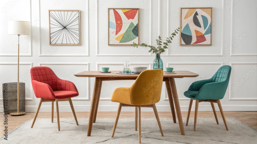 Poster An elegant dining room displaying a sleek minimalist wooden table and eyecatching colorful chairs with dynamic abstract art pieces adding a touch of retro flair on the