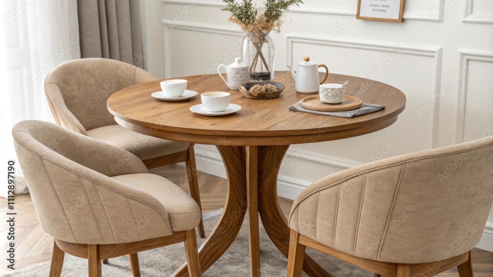 Poster A stylish dining space boasts a rounded wooden table accompanied by comfortable chairs adorned in gentle earth tones that create a warm ambiance.