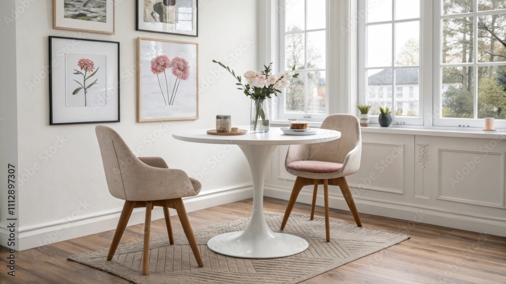 Poster a stylish room showcasing a round dining table paired with tapered leg chairs framed by large window