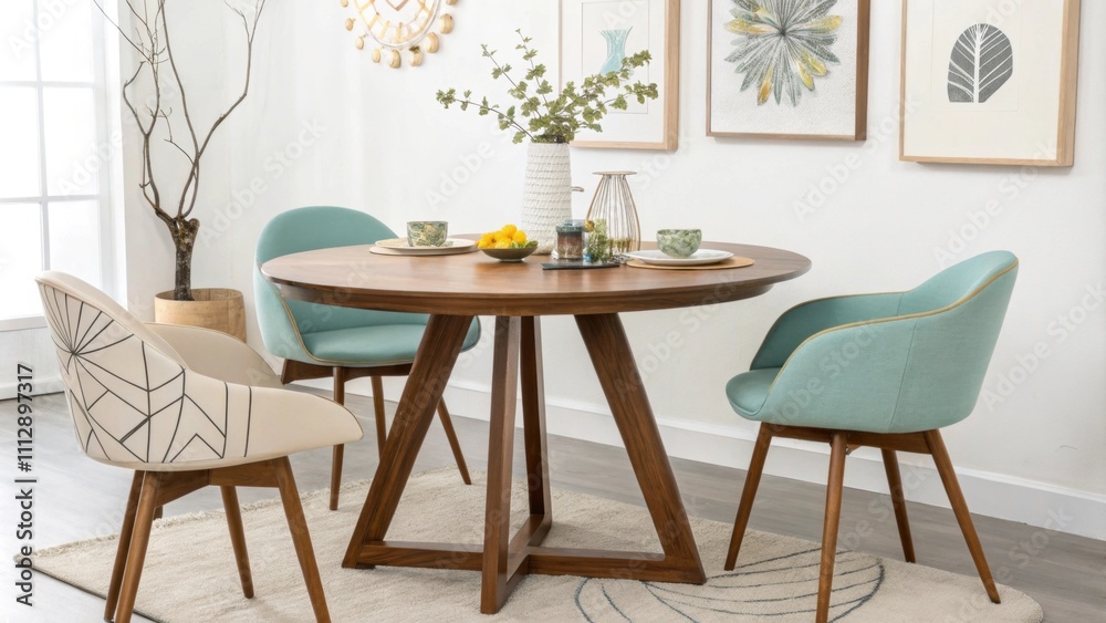 Poster A contemporary dining setting highlights a warm walnut table retrostyle chairs in playful designs and eyecatching abstract art pieces that create a dynamic visual appeal.