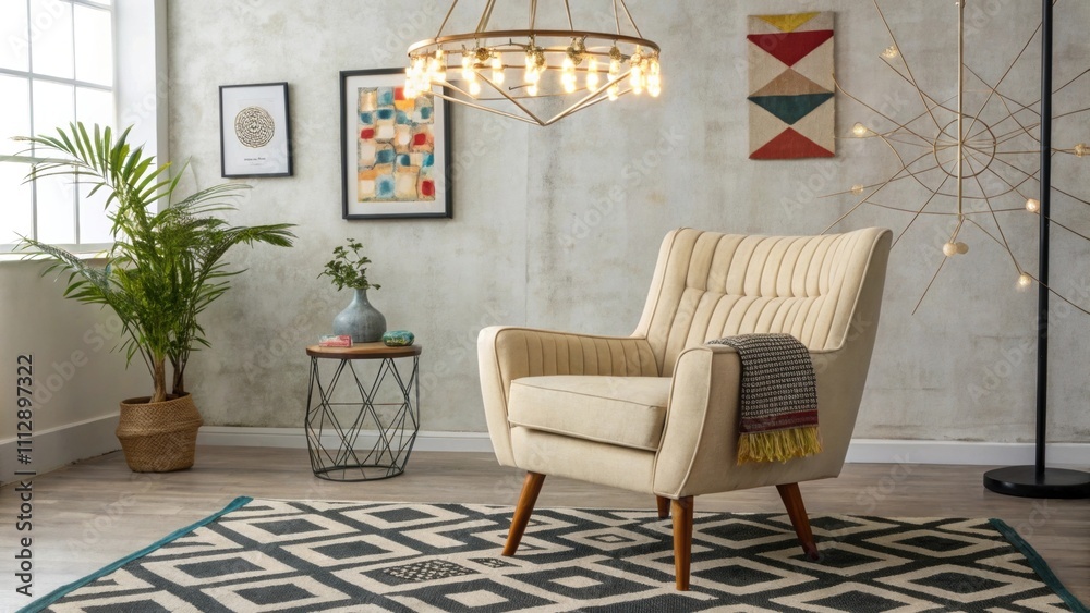 Poster A stylish lounge featuring a retro armchair and a geometricpatterned rug highlighted by a statement chandelier that creates a focal point against a backdrop of eclectic wall
