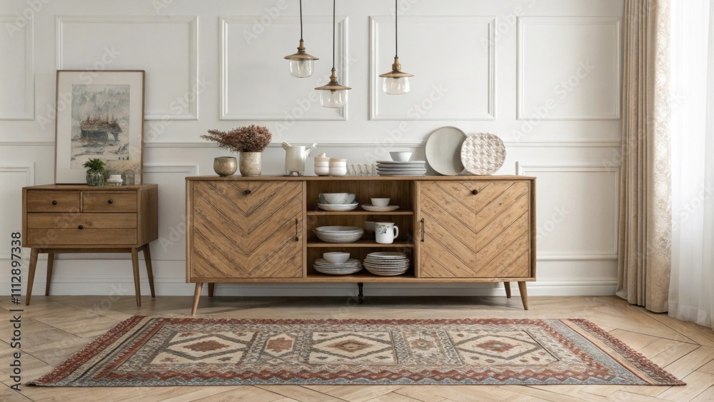 Poster An elegantly designed dining room with a retro sideboard displaying vintage dishware complemented by a patterned area rug and minimalist light fixtures hanging overhead.