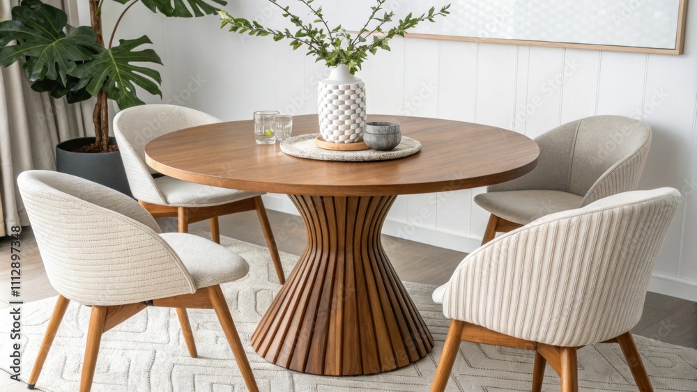 Poster A harmonious arrangement highlights a round teak table elegantly surrounded by modern chairs while an artistic centerpiece with retro vibes serves as a focal point uniting