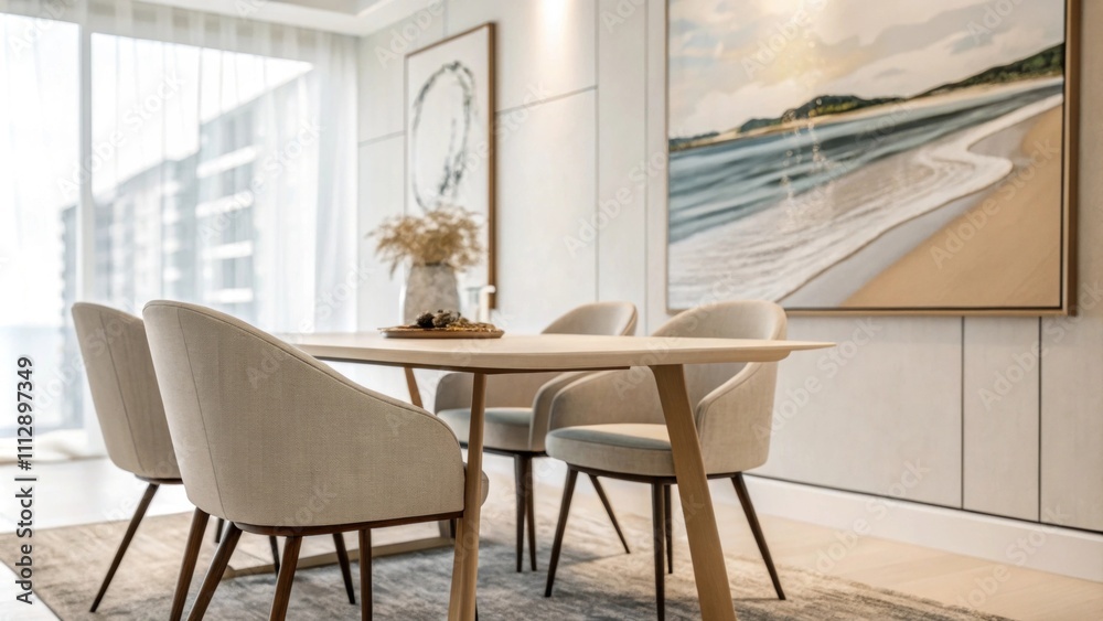 Poster The interior features a stylish rectangular table accompanied by streamlined chairs with an expansive wall displaying an oversized abstract piece that enhances the modern