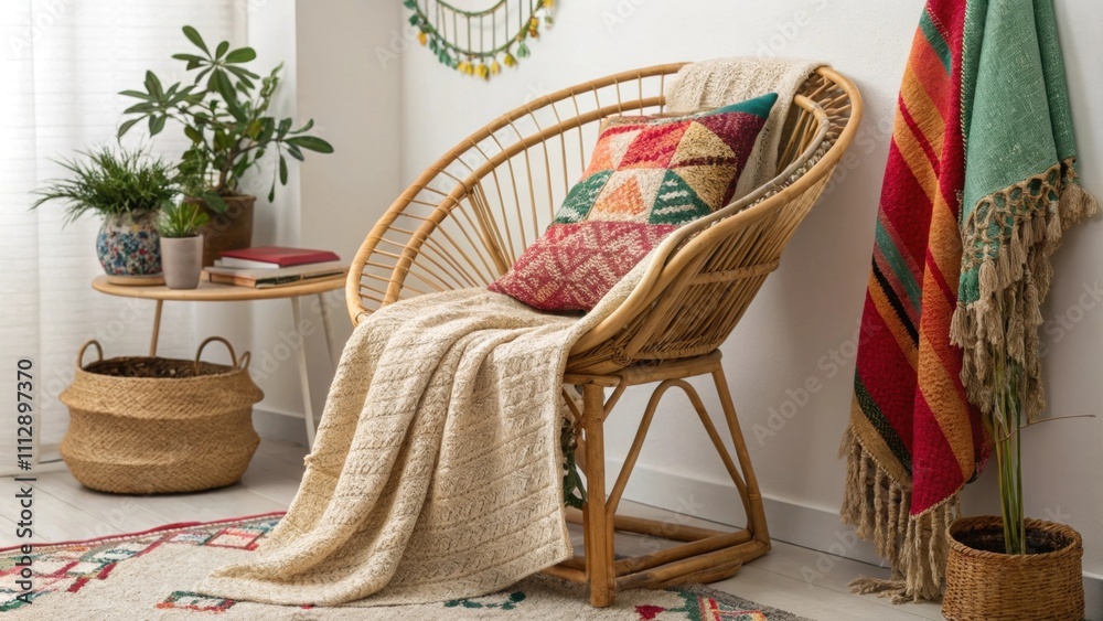 Poster a charming corner is highlighted by a textured woven blanket draped over a stylish rattan chair surr
