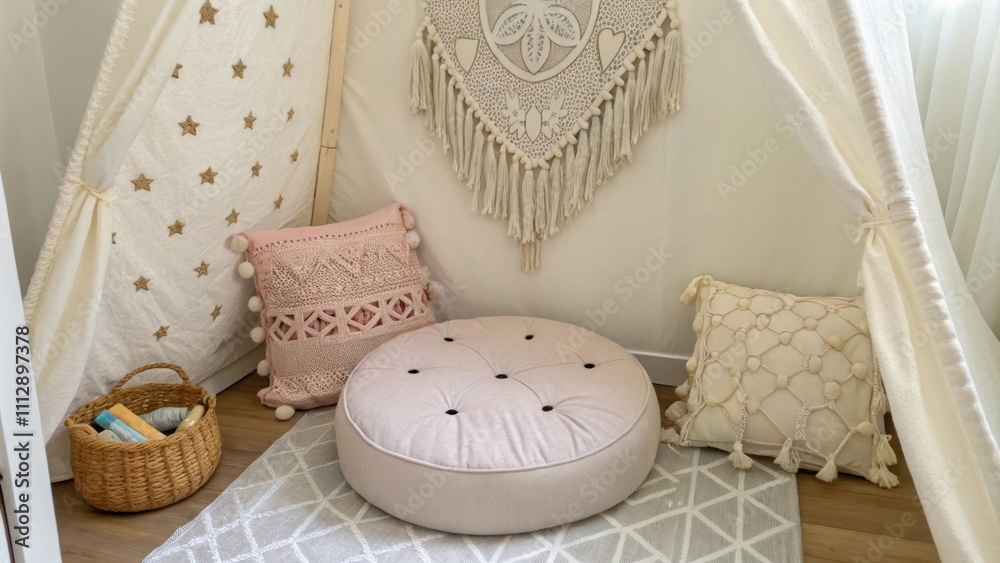Poster the nook showcases a plush floor cushion in the center emphasized by a backdrop of intricately stitc
