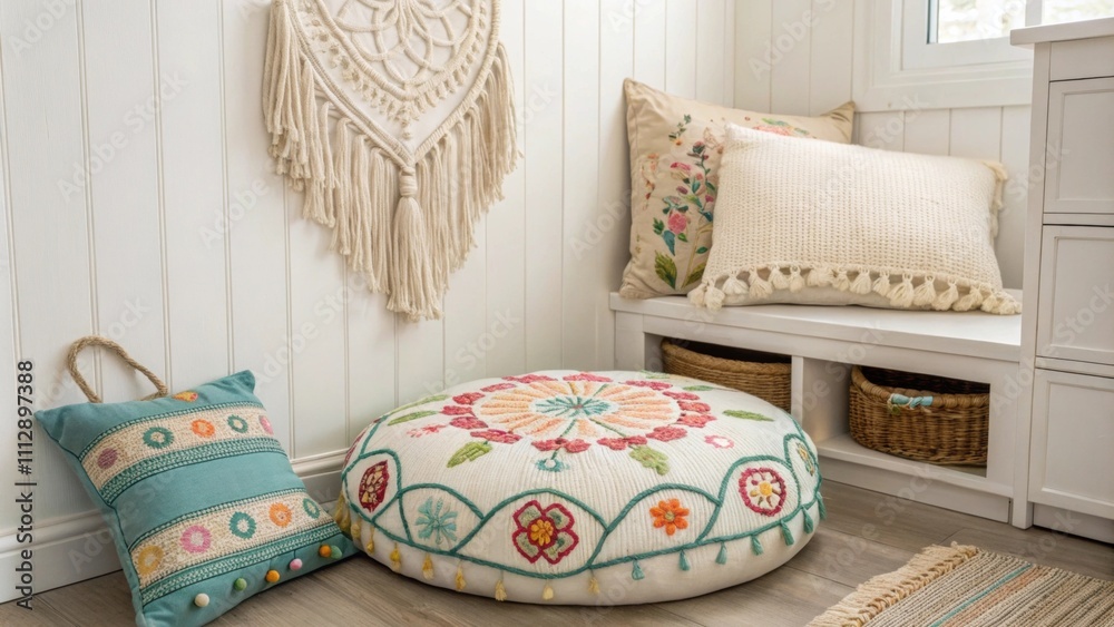 Poster This inviting nook includes a soft oversized floor cushion paired with an array of bright embroidered textiles and a textured macrame piece hanging elegantly on the wall.