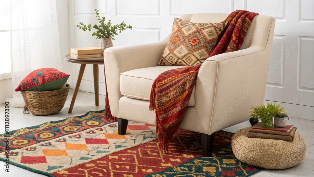 Poster an inviting corner for relaxation showcasing a plush lowprofile armchair surrounded by a mix of colo