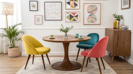 The dining space showcases a polished walnut table at its center paired with vibrant retro seating and an eclectic arrangement of abstract artworks on the walls.