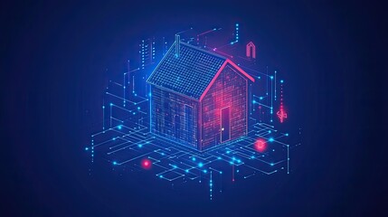 Smart home symbol on a blue background representing wireless technology A flat style illustration of a house symbolizing connectivity and automation