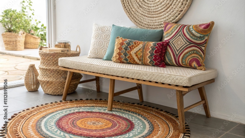 Poster An inviting corner showcasing a stylish woven bench with an assortment of colorful pillows set against a backdrop of intricately layered rugs that enhance the spaces warmth.