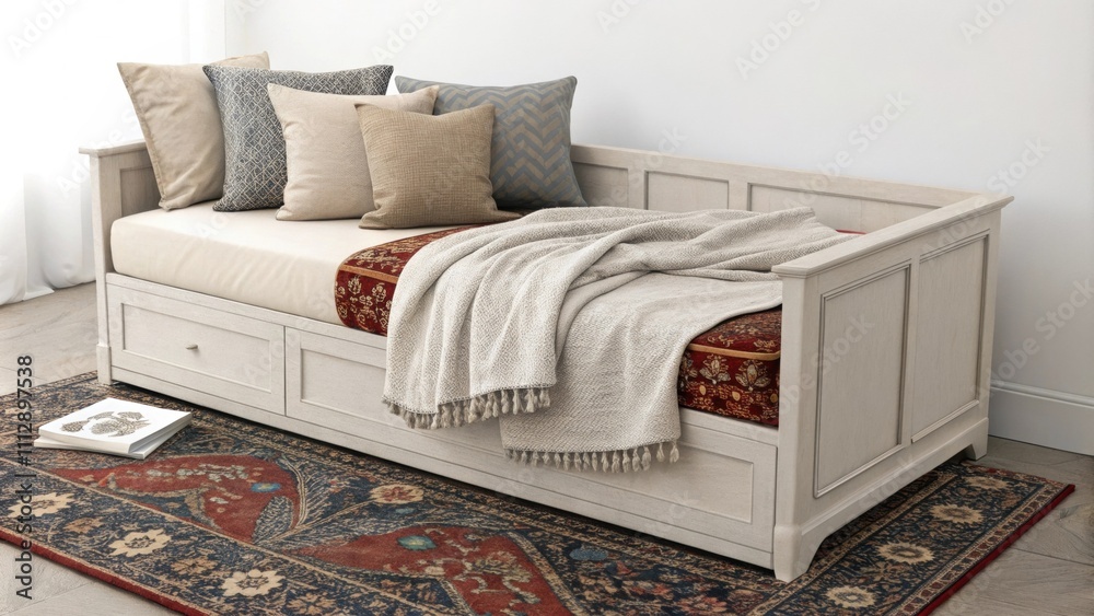 Poster In a serene corner a comfortable daybed covered with an array of cozy blankets sits atop a richly patterned area rug while soft pillows invite relaxation creating an