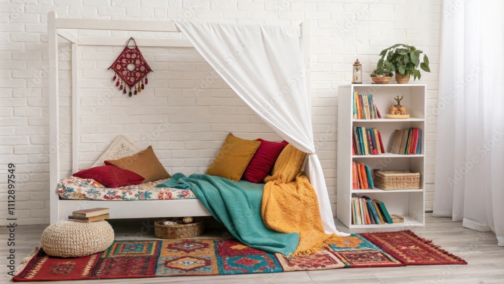 Aufkleber the reading corner showcases a simple daybed draped with an assortment of vibrant throws and surroun
