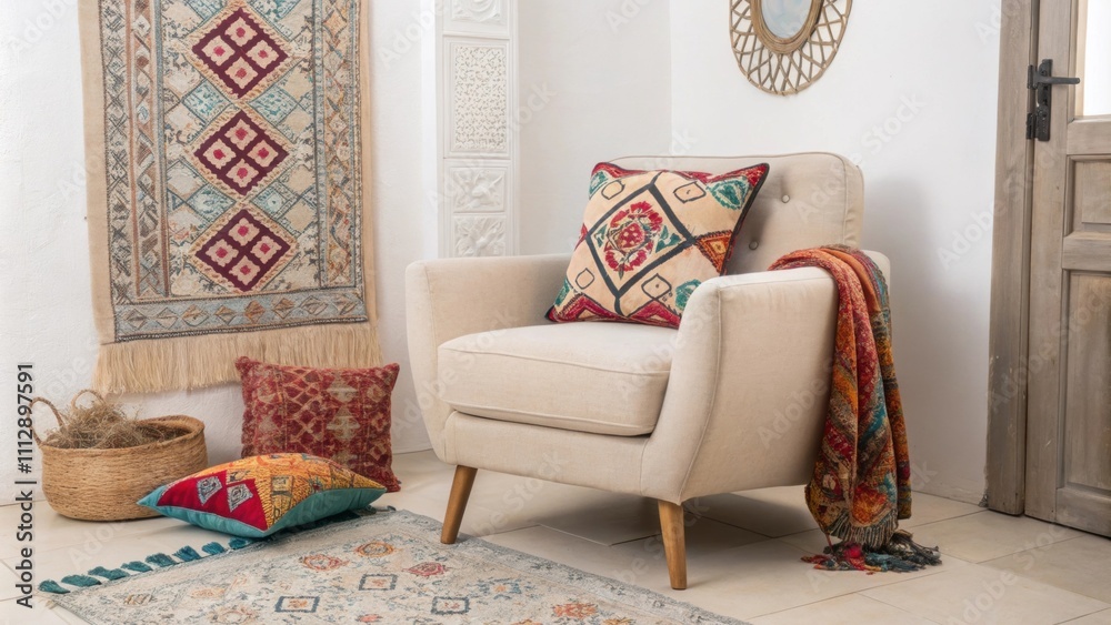 Poster an inviting lounge area features a soft armchair adorned with eclectic textiles including a vibrant 