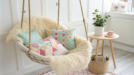 An inviting space with a swinging chair embellished with a warm sheepskin throw complemented by an assortment of patterned cushions that add a pop of color and texture.