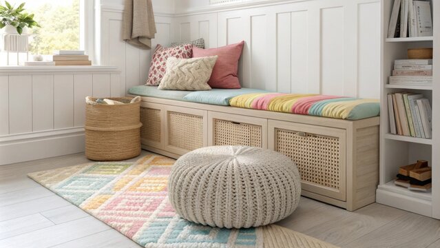 An inviting corner with a textured rattan bench layered with a variety of colorful cushions complemented by a large plush floor pouf that invites relaxation.