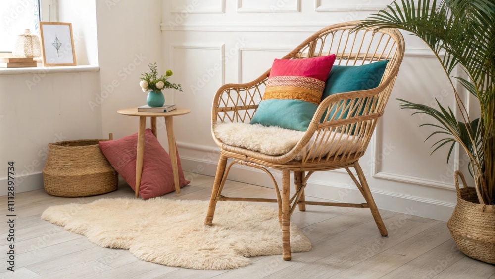 Aufkleber the rattan chair stands out with its vivid cushion accents set against a backdrop of a soft textured