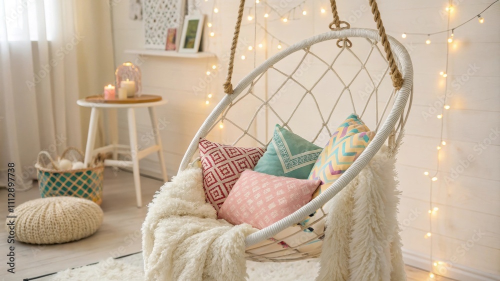 Aufkleber a tranquil space showcasing an elegant hanging chair filled with bright decorative pillows and a flu