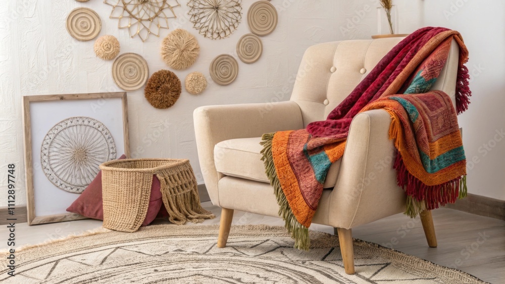 Poster an inviting corner with a plush armchair wrapped in vivid throws framed by a collection of handmade 