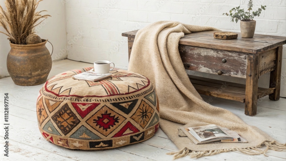 Poster An inviting corner showcasing a handcrafted kilim pouf with intricate designs accompanied by a plush blanket and a weathered wooden coffee table that adds warmth to the