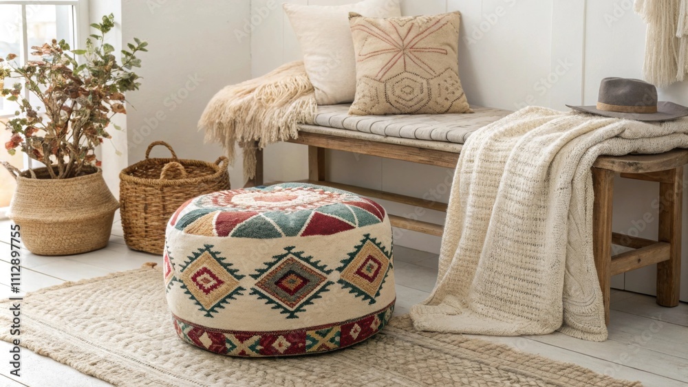 Poster A charming area with a decorative kilim pouf as the focal point a simple rustic bench providing seating and layers of soft knitted blankets enhancing the cozy atmosphere.