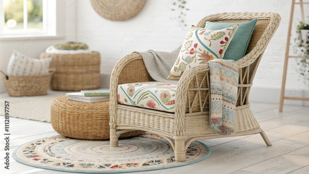 Poster A tranquil space designed for reading highlighted by a chic wicker armchair accented with lively patterned textiles and layered with a variety of soft rugs that contribute