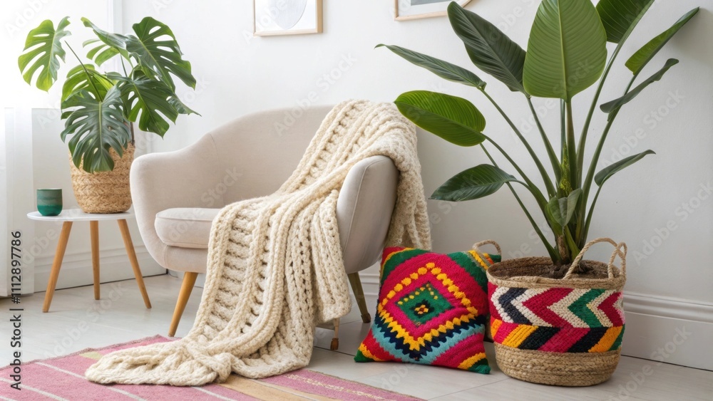 Poster a stylishly curated area with bold colorful textiles creating visual interest a soft knitted blanket