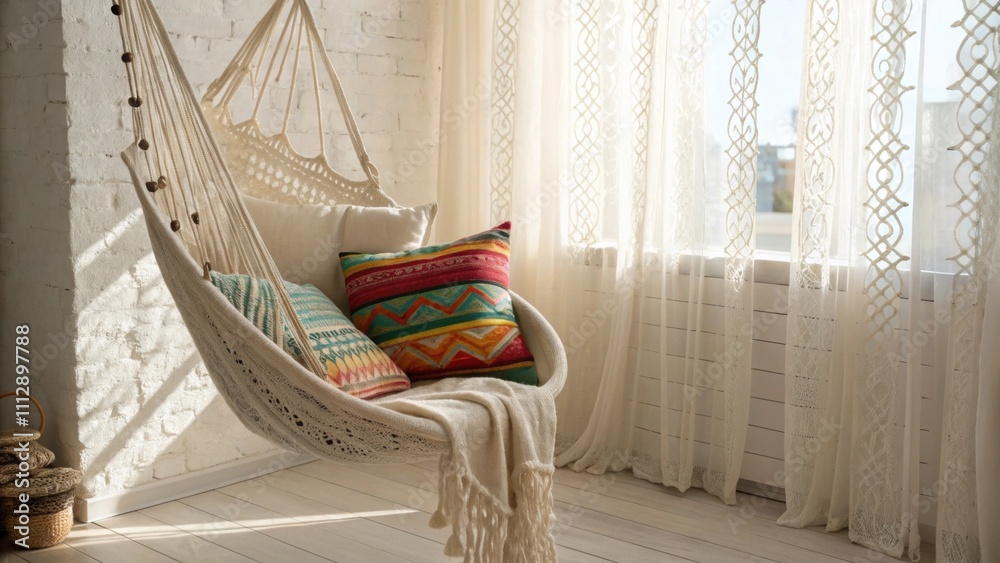 Aufkleber A tranquil nook showcasing a hammockstyle chair overflowing with colorful throw pillows set against a backdrop of textured macrame curtains and softly diffused sunlight.