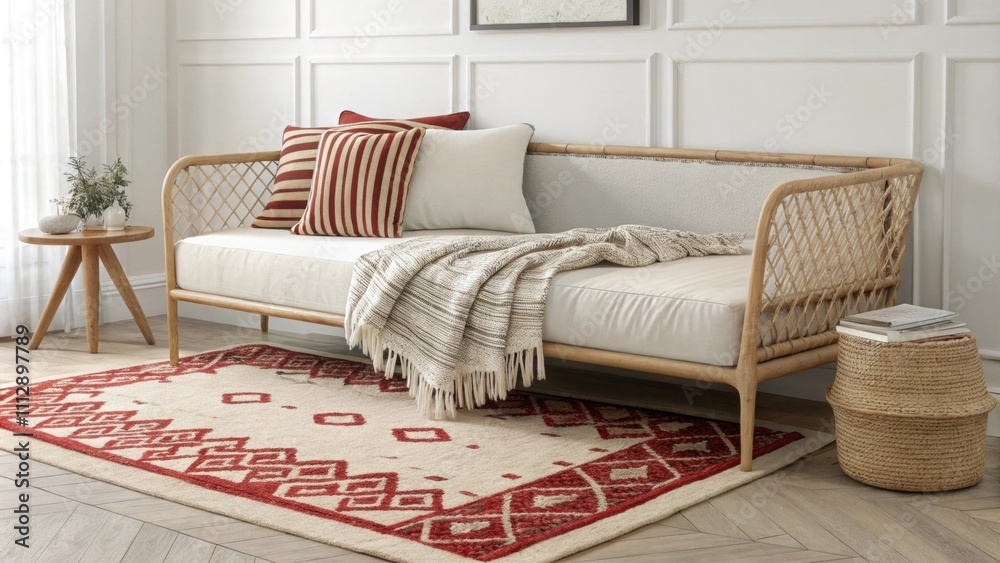 Poster a fashionable daybed embellished with a mix of stripes and textures in the throws complemented by a 