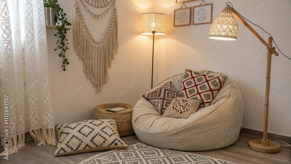 Poster A tranquil corner filled with a comfortable bean bag chair and an array of patterned textile cushions with charming macrame decor framing the space illuminated by a gentle
