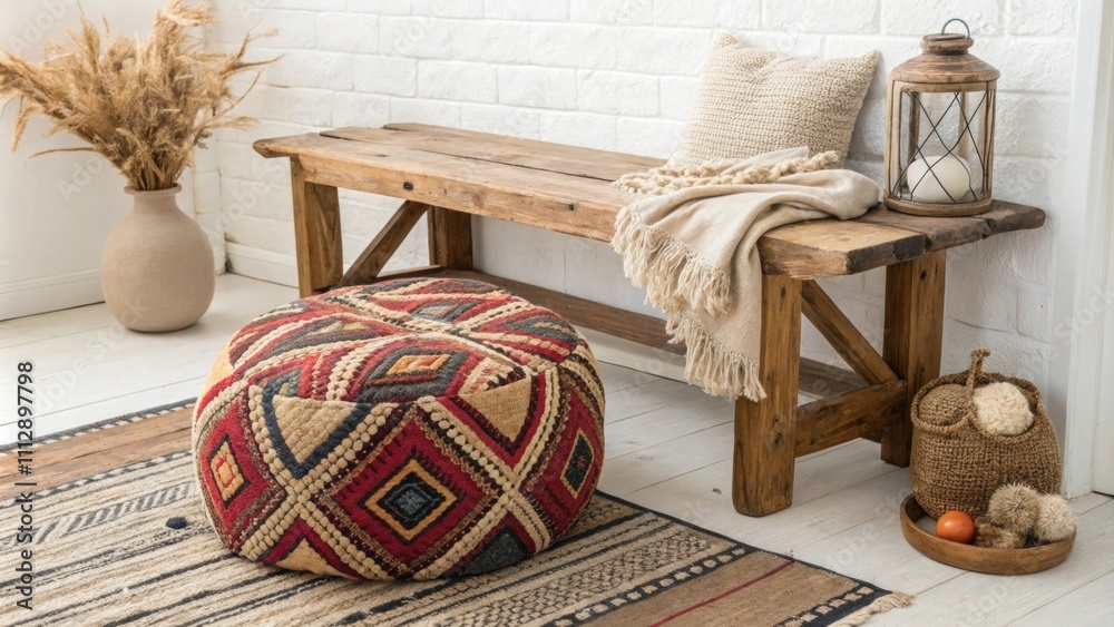 Poster An eclectic corner features a bold patterned pouf alongside a sy rustic bench decorated with soft wool pieces that add layers of texture and warmth embodying a bohemian