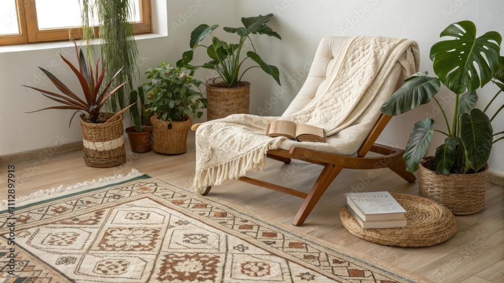Poster a welcoming reading space showcasing a lively area rug with intricate patterns cozy blankets casuall